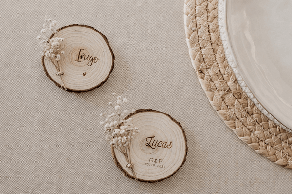 Marcasitios rodaja de madera con ramillete